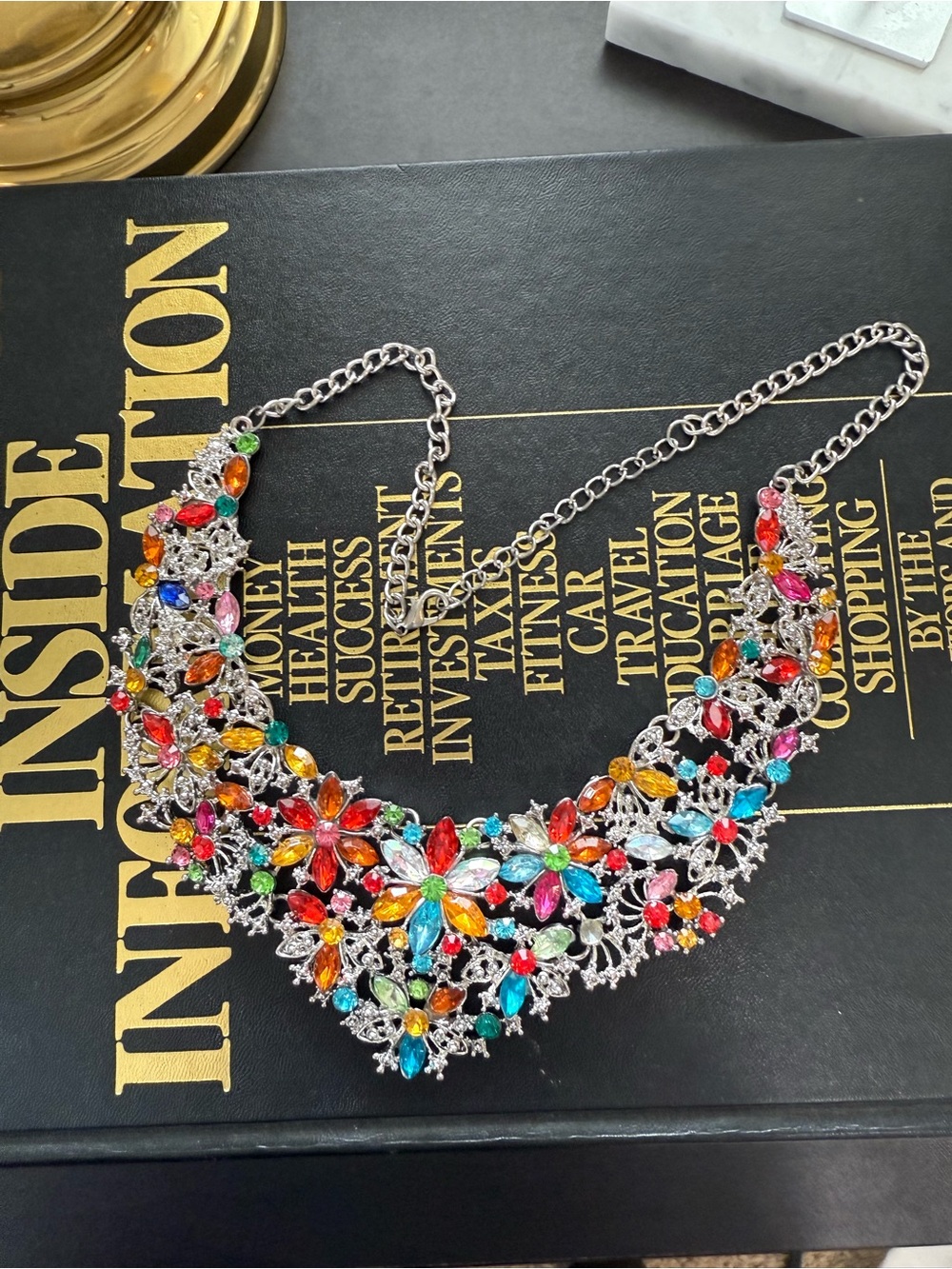 Y2K chunky gem collar necklace with silver chain